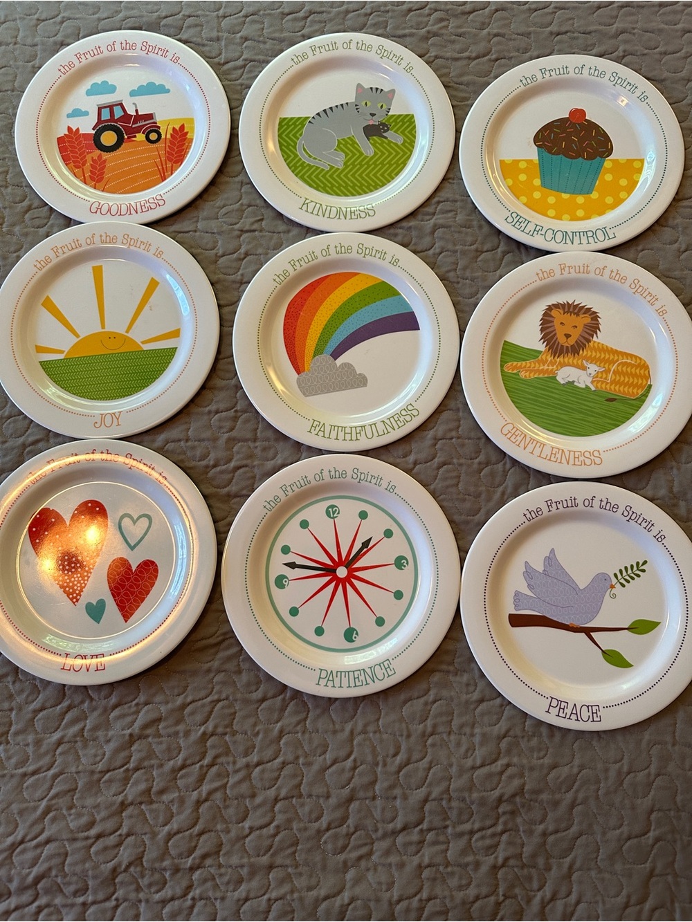 Set of 9 Fruit of the Spirit:   Fruit-Full kids Plastic Plates - Multicolor